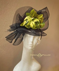 Royal Ascot Fascinator Kentucky Derby Hat Black Avocado Green Del Mar Hat Bridal - Picture 1 of 24
