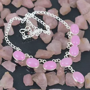 Rose Quartz Art Piece 925 Silver Plated Handmade Necklace of 16" Ethnic - Picture 1 of 3