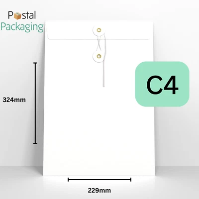 C4 (324x229mm) WHITE String and Washer Envelopes Cardboard Button Tie Reusable - Image 1 of 4