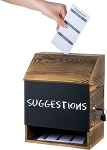 Wall Mounted Brown Wood Suggestion Box w/ Chalkboard, Comment Box w/ Lock & Key - Picture 1 of 7