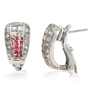 1.34 CT Natural Pink Sapphire & 1.33 CT Diamonds in 18K Gold Omega Back Earrings - Picture 1 of 6