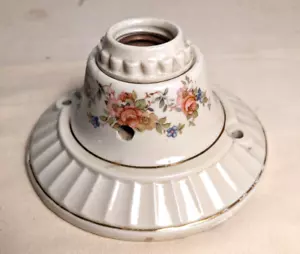 Vintage Porcelier Porcelain Ceiling Light Fixture Small Pink Roses Blue Flowers - Picture 1 of 9