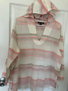 Tommy Bahama White/Pink Strips 100% Cotton Hoodie Sweater Top 3/4 Sleeves XL