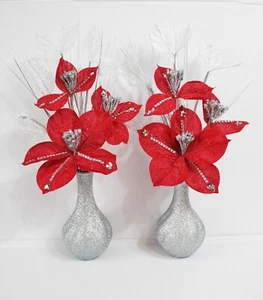 (2er set) seidenrot s/glitzerrand blumen, silber glitzer zwiebelform vasen, 45cm - Bild 1 von 5
