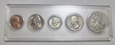 1941 BIRTH YEAR 5 COIN SET - 90% SILVER COINS Uncirculated Mercury Dime & Penny - Image 1 of 2