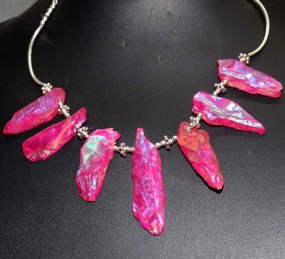 Impresionante collar de piedras preciosas con cuentas ásperas de cuarzo aura de titanio rosa 20" GW Foto 1 de 3