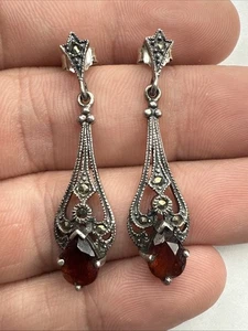 Vintage Sterling Silver 925 Bohemian Garnet Marcasite Dangle Drop Post Earrings - Picture 1 of 5