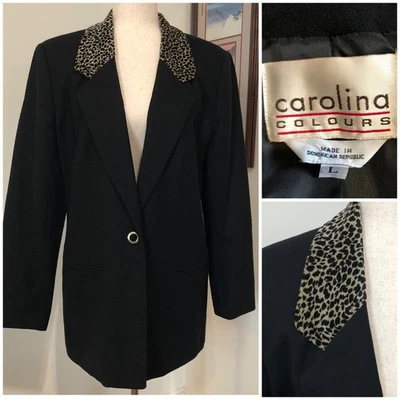 Blazer de lana de colección años 90 negro estampado de leopardo cuello L llamativo silencioso chaqueta de lujo Foto 1 de 4