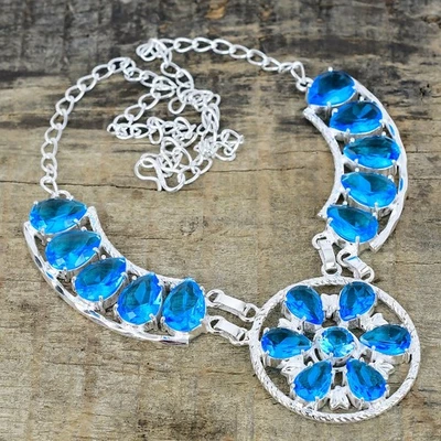 Unico Topazio Blu Gemma 925 Argento Sterling Artigianale Gioielli Collana Regali - Immagine 1 di 4