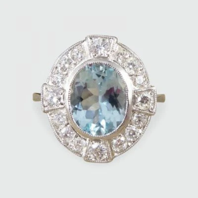 Art Deco Blue Aquamarine & White CZ 2.05 CT Women's Cluster Ring In 935 Silver - Image 1 of 4
