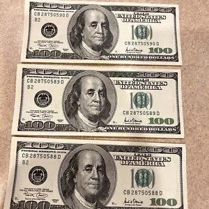 3- $100 Bills, Uncirculated, Sequential 2001 ~ 3 Crisp Bills, Listing #518H - Picture 1 of 7