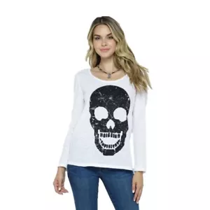 Vocal Damen USA verziert Strass Totenkopf weiß Langarm Top S-XL - Bild 1 von 5