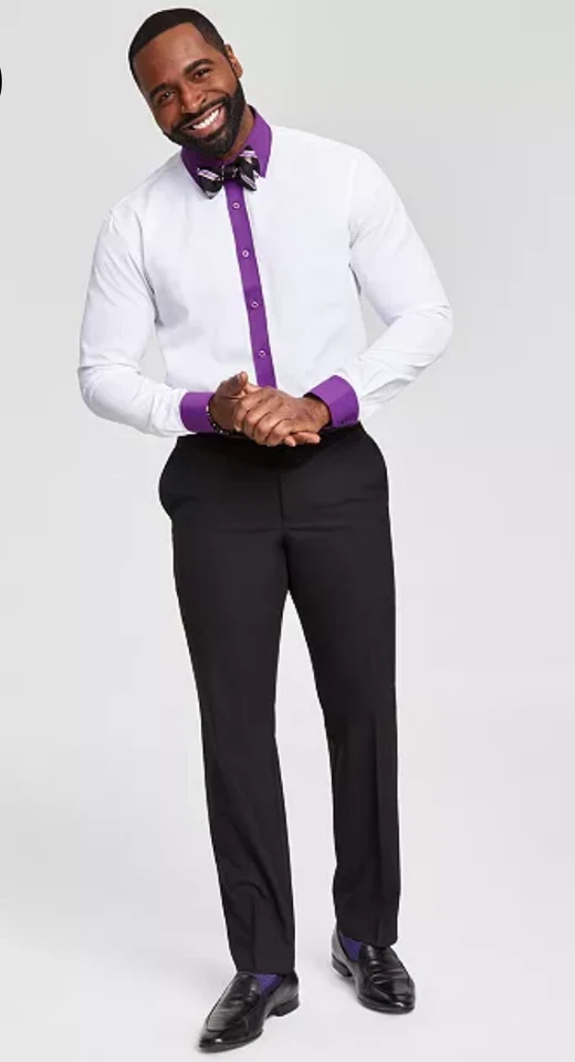 TAYION By Montee Holland Slim-Fit Dress Shirt Men's M 32/33 15-15.5 White/Purple