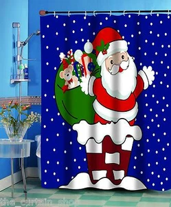 SANTA CLAUS UP ON THE ROOFTOP Christmas Fabric Shower Curtain 70 x 72" - Picture 1 of 2