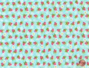 SUMMER LOVE, Blue Pink Yellow w Strawberries, Cori Dantini for Free Spirit, BTY - Picture 1 of 2