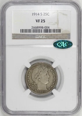 1914-S Barber Quarter 25 NGC VF25 CAC, KEY DATE - Image 1 of 4
