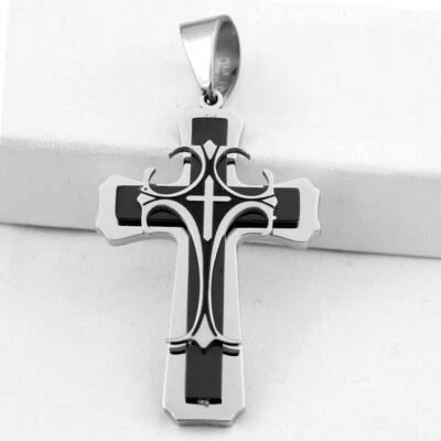 Men's Silver,Stainless Steel Black CROSS 75mm Charm Pendant,Unisex + BOX - Image 1 of 3