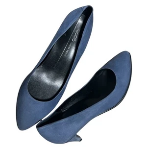 Ecco Heels Blue Danish Design Pumps Almond Toe Casual Suede EU 37 US 6-6.5 NEW - Picture 1 of 12