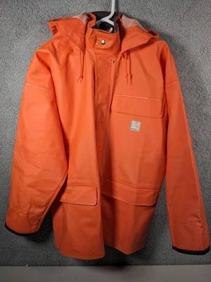 Carhartt Bright Orange Work Rain Coat Jacket Men's Size S Regular Removable Hood - Image 1 of 4