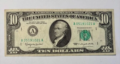 1963 $10 Ten Dollar Bill Circulated Federal Reserve Note Boston US Paper Money - Image 1 of 4