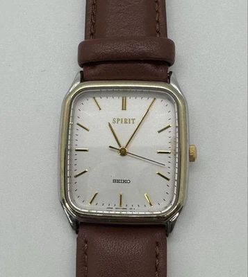 SEIKO SPIRIT 5E31-5B50 Square Gold x Silver Dark Brown Genuine Leather Battery - Image 1 of 4