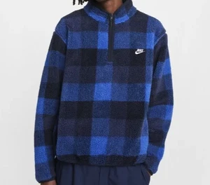 Nike Club Fleece Winterized Half-Zip Pullover Blue Plaid FZ0896-475 Men's Small - Picture 1 of 5