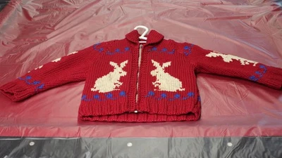 Suéter de Lana COWICHAN Retro Rojo Tejido Pesado Chaqueta con Cremallera Relámpago De Colección Foto 1 de 4