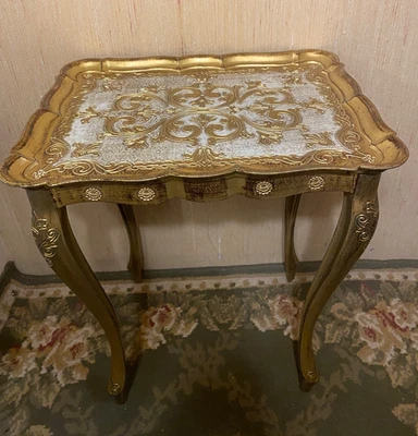 Vintage Italian Florentine Side Table Gold Gilt Baroque Mid-Century 17”x13” - Image 1 of 4