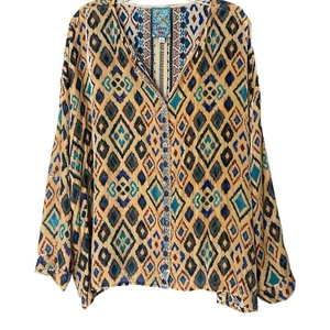 Johnny Was Ikat Silk Blend Semi-Sheer Blouse Women's XL Multicolor Button Down - Picture 1 of 7