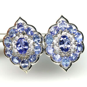 Unheated Blue Tanzanite & White Cubic Zirconia Earrings 925 Sterling Silver 