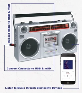 RIPTUNES Retro Radio Cassetta Stereo Boombox AM/FM SW1/SW2 Bluetooth USB microSD - Foto 1 di 8
