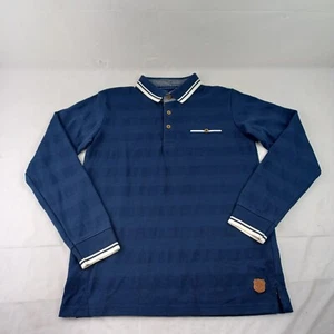 St. Bernard Boys Polo Shirt Blue Striped Size Medium Long Sleeve Leather Logo - Picture 1 of 9
