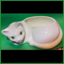 Vintage White Ceramic Cat Laying Down Succulent Planter Pot Green Eyes