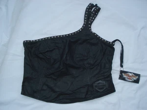 Med Harley-Davidson Black Leather One Shoulder Top Side Zip Biker Halter Studded - Picture 1 of 6