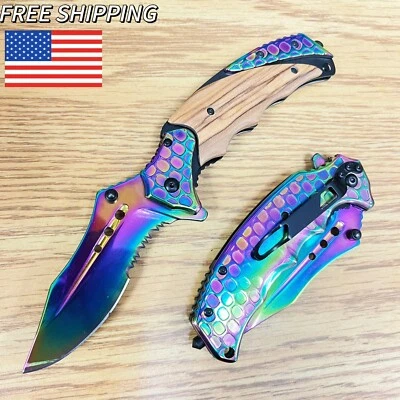 Navaja de Bolsillo Plegable Hoja Asistida por Resorte Madera Táctica Escalas Arco Iris 8.5" Foto 1 de 4
