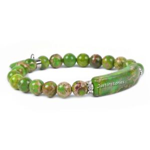 Semi-preci​ous gemstone beads Heart Charm stretch bracelet 7"