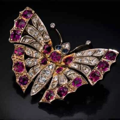 Lab-Created Red Ruby 2.50Ct Oval Cut Butterfly Brooch Pin 14K Yellow Gold Plated - Image 1 of 4