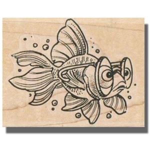 Wood Mounted Rubber Stamp, Fish With Glasses, Goldfish, Ocean, Animal, Beach,Pet - Picture 1 of 2