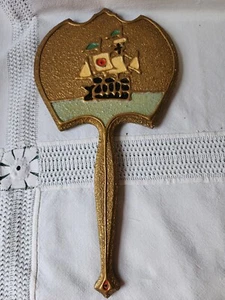 Rare Gold Gilded over wood Hand Mirror Sailing Ship Vanity item 14 3/3" Beveled - Picture 1 of 5