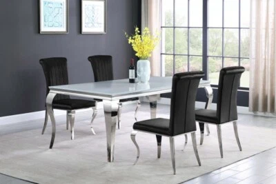5 PC CONTEMPORARY WHITE GLASS CHROME DINING TABLE BLACK VELVET CHAIRS FURNITURE - Image 1 of 4