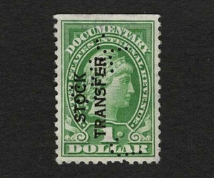 US Revenue 1918 RD12 $1 Stock Transfer Green Perfin (J&D) XF Used - Picture 1 of 2