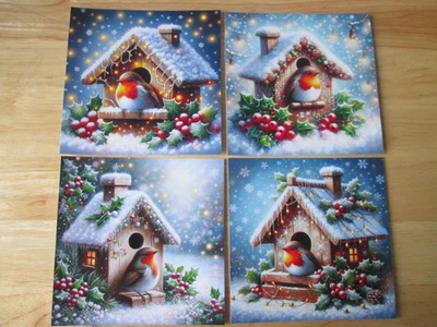 SALE == 4 x CHRISTMAS ROBINS IN THE BIRD HOUSE (UNMOUNTED) Card Toppers