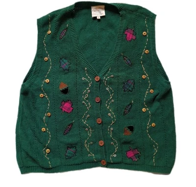 Vintage Women's Susan Bristol Cottagecore Autumn Theme Knitted Vest Large Leaves - Image 1 of 4