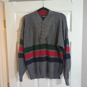 Maglione vintage Lands End uomo M maglia pesante made USA collo Henley grigio - Foto 1 di 9
