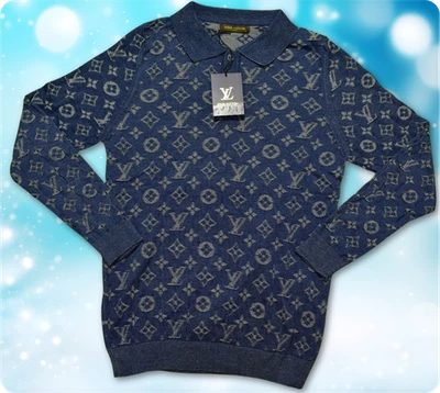 Camiseta Louis Vuitton Manga Larga Azul Logo Patrón Hombres Talla XL Pecho 19.7" Delgada Foto 1 de 4