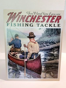 VTG WINCHESTER METAL SIGN "YOU'LL LAND HIM IF YOU USE WINCHESTER FISHING TACKLE" - Picture 1 of 2