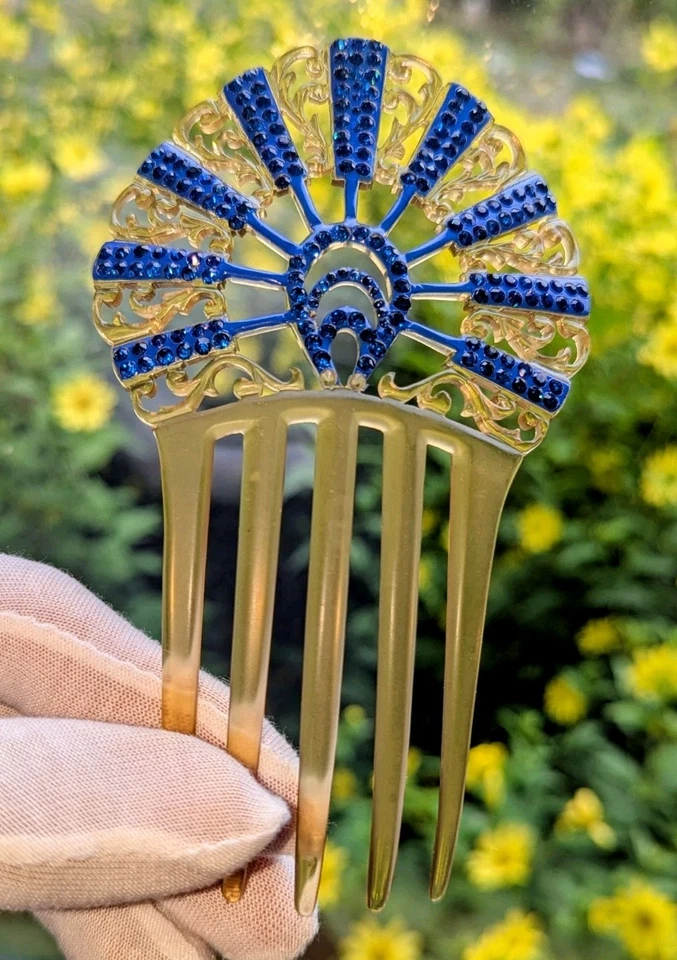 Винтажная большая расческа для волос в стиле ар-деко целлулоид синий стразы испанский стиль 5,5 дюйма - Изображение 1 из 4