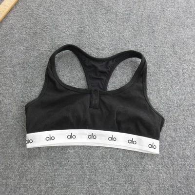 Alo Sports Bra Womens XS Black White Racerback Logo Band Athletic Yoga Ribbed - Image 1 of 4