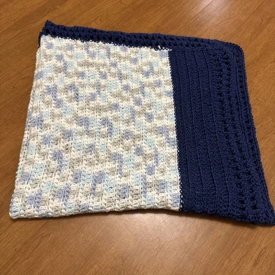 Baby Crochet Blanket Afghan Navy Blue Gray White Handmade Dallas Cowboy - Image 1 of 4