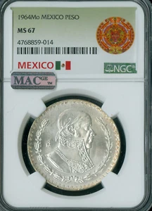 1964 Mo MEXICO SILVER MORELOS PESO NGC MS67 PQ 2ND FINEST GRADE MAC SPOTLESS * - Picture 1 of 2